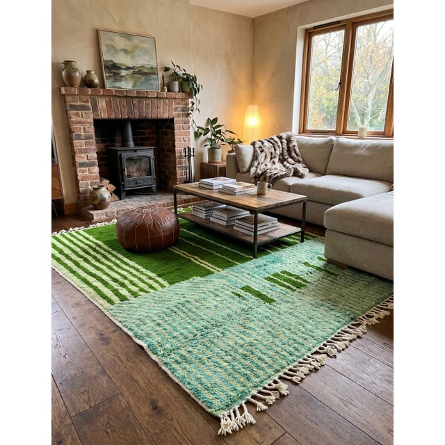 Green Moroccan Rug – Handmade Striped Berber Wool Carpet This striking handmade Moroccan rug features a bold two-tone...