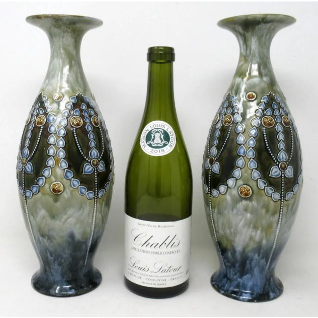 Antique Pair English Porcelain Royal Doulton Ceramic Art Nouveau Vases Urns For Sale - Image 9 of 10