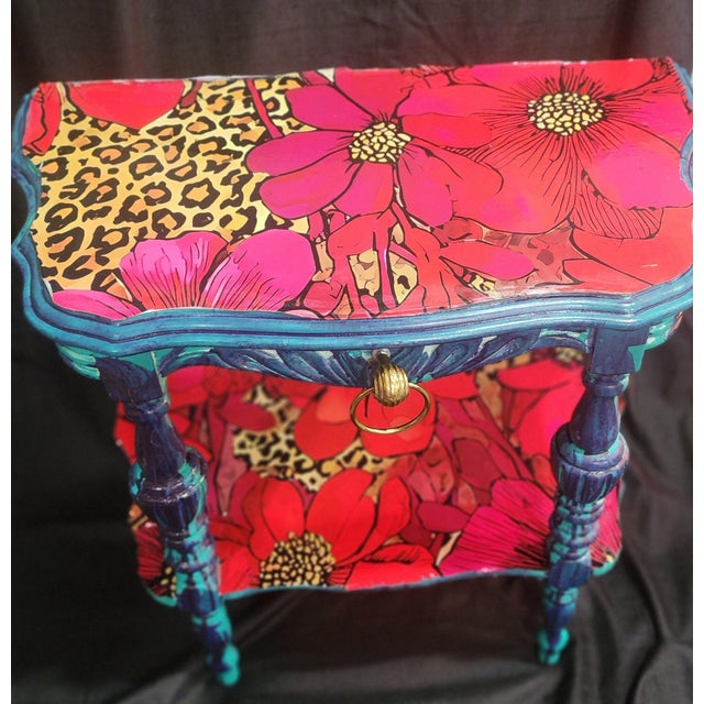 Mid-Century Modern Mid-Century Modern Upcycled Teal & Red Accent Table With Boho Floral & Cheetah Accents For Sale - Image 3 of 5