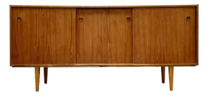 Long Mid Century Modern Teak Credenza | Danish Sliding Door Sideboard, C. 1960's