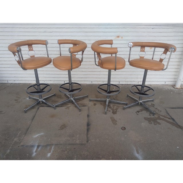 Late 20th Century Attributed Daystrom Style Late 20th Century Mid-Century Faux Leather and Chrome Swivel Bar Stools – Set of 4 For Sale - Image 5 of 5