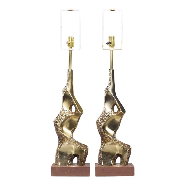 Laurel Mid Century Brutalist Brass Table Lamps - Pair For Sale
