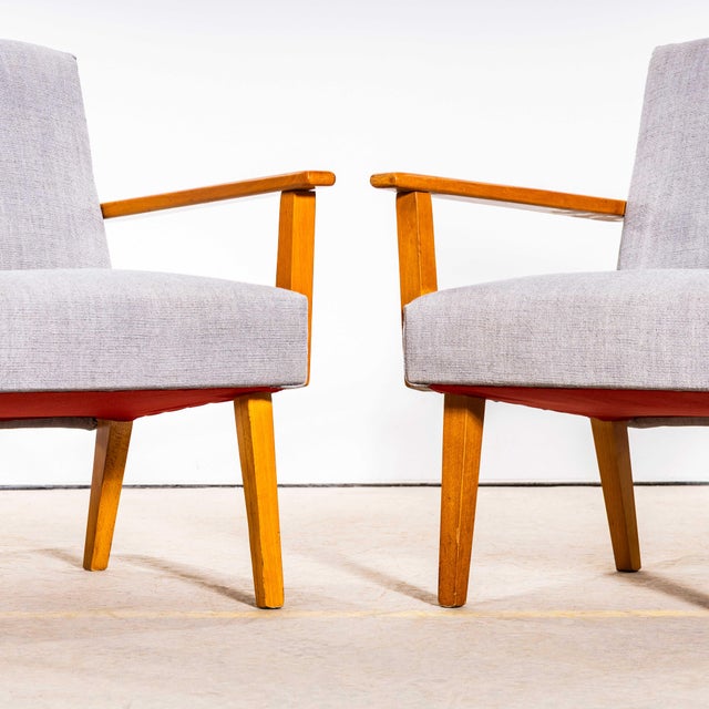 Wood Mid-Century Grey Brushed Cotton Upholstered Armchair with Straight Arms and Top Caps, 1950s For Sale - Image 7 of 10