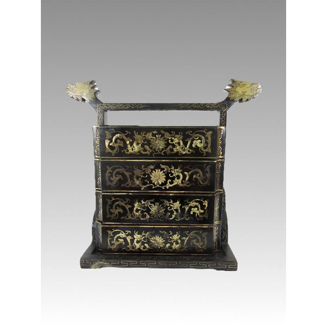 1940s Old Chinese Black Lacquer With Gold 'Dragons and Bats' Wedding Chest or Tiered Long Life Storage Box For Sale - Image 5 of 12