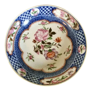 18th Century Chinese Qianlong Porcelain Dish in Famille Rose Palette within a Blue Border