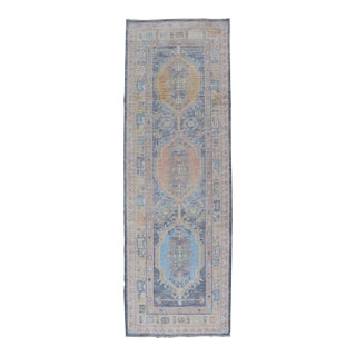 Turkish Oushak Runner in Powder Blue, Peach, and Gold 2'7 X 8'1 For Sale