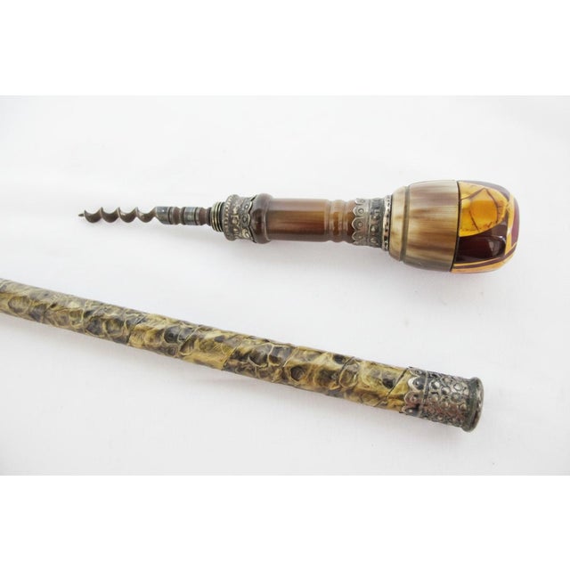 Animal Skin Natural Horn & Snakeskin Antique Walking Stick Gadget Cane With Hidden Corkscrew For Sale - Image 7 of 11