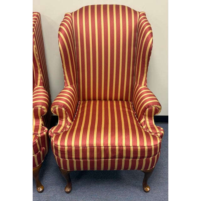 Late 20th Century Striped Upholstered Wingback Chairs- A Pair For Sale - Image 4 of 12