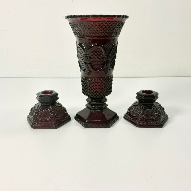 1970s Vintage Art Deco Depression Diamond Point Glass Centerpiece Candle Holders and Vase - Set of 3 For Sale - Image 10 of 12