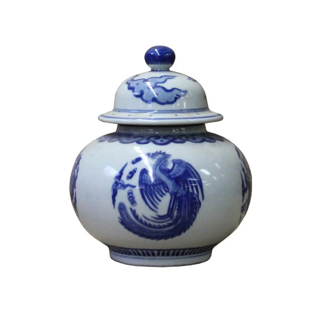 Chinese Oriental Blue Off White Porcelain Phoenix Dragon Container Urn For Sale In San Francisco - Image 6 of 6