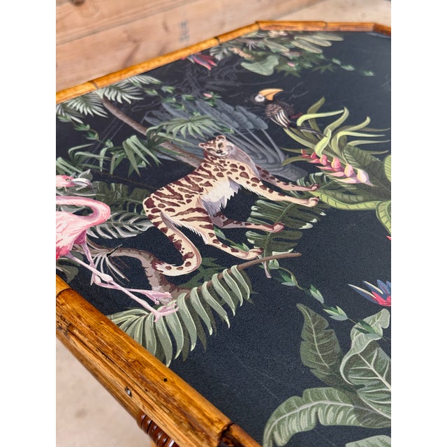 Heywood-Wakefield Mid-20th Century Sons-Cunningham Rattan Side Table With Tropical Wallpaper Top For Sale - Image 4 of 12