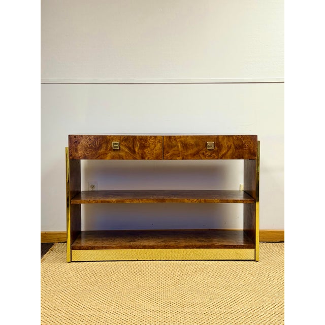 Mid-Century Modern 1970s Founders Burl Wood & Brass Console For Sale - Image 3 of 12