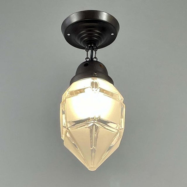 1920s Secessionist Brass Semi Flush Mount in Frosted Glass and Burnished, 1920s For Sale - Image 5 of 14