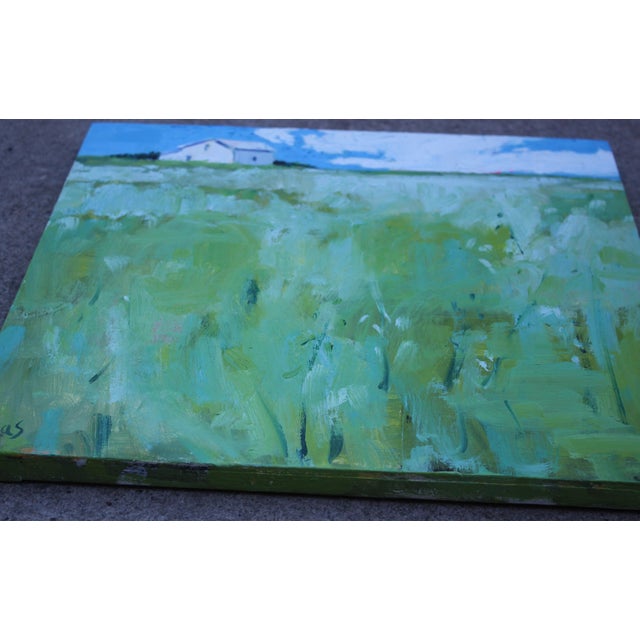 16 x 16 oil on handmade 1" deep wood cradle, unframed. White Barn on the Horizon – Contemporary Landscape Oil No frame...