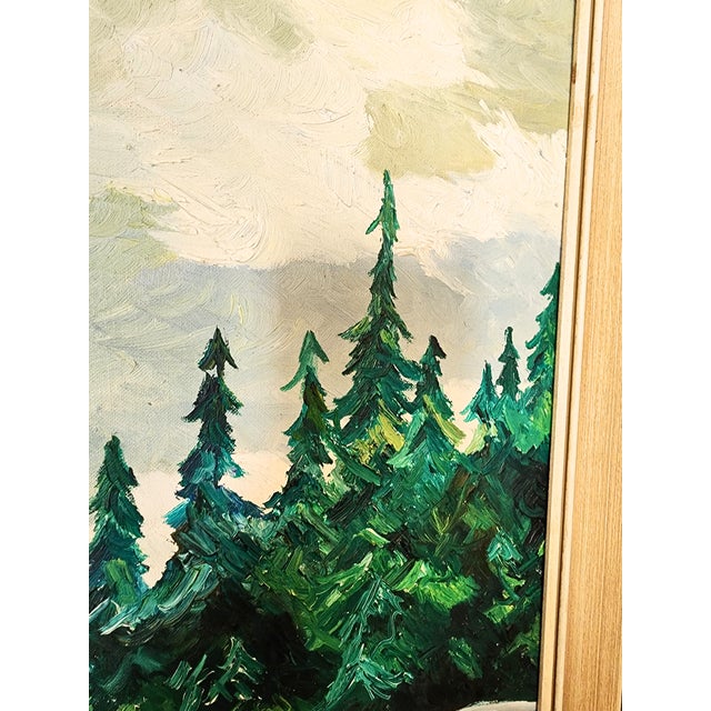 Mid-Century Modern Original Painting Vintage Winter Wonderland Country Scene For Sale - Image 3 of 5