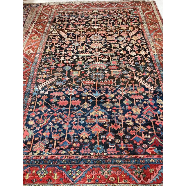 1920s NORTHWEST PERSIAN HERIZ VILLAGE CARPET Century Old Indigo-Ground Organic Wool & Dyes 8.9 x 11.9 For Sale - Image 16 of 17
