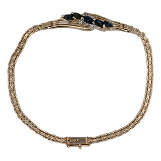 1.01ctw Blue Sapphire Diamond Bracelet 14k Yellow Gold Bismarck Chain 6.75" For Sale