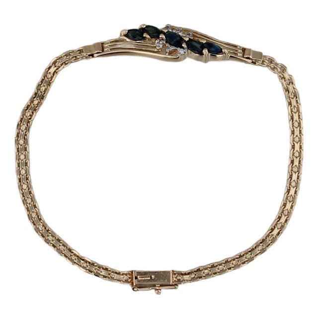 1.01ctw Blue Sapphire Diamond Bracelet 14k Yellow Gold Bismarck Chain 6.75" For Sale