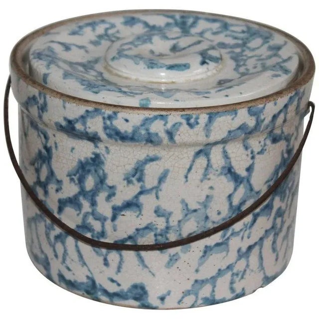 Blue 19th Century Spongeware Salt Crock With Bail Handle For Sale - Image 8 of 8