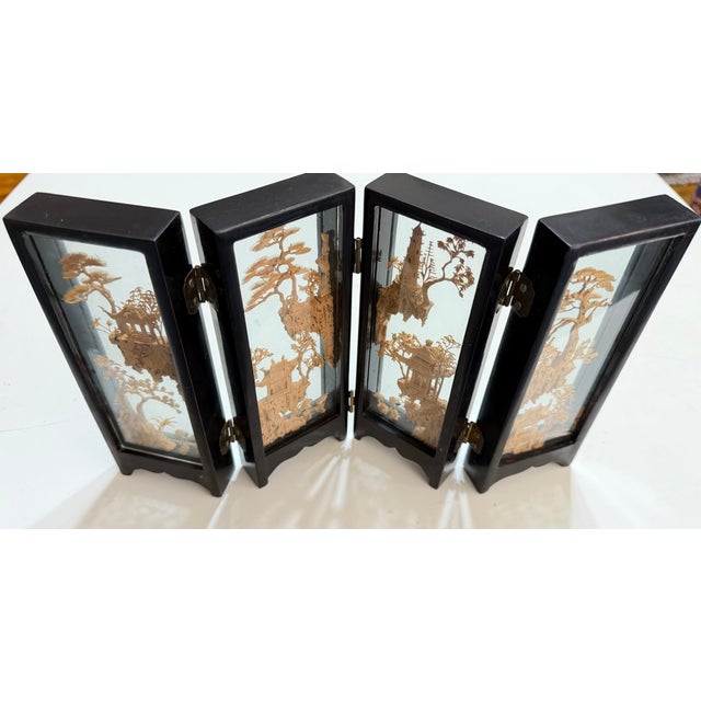 Mid 20th Century Chinese San You Cork Carving Four\-Panel Tabletop Screen** For Sale - Image 11 of 11