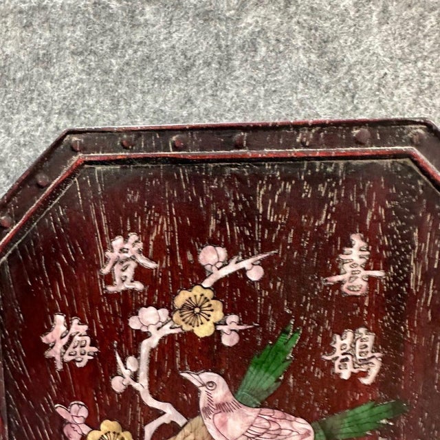 Vintage Chinese Rosewood Table Screen With Mother of Pearl Inlay – Magpie & Plum Blossom Motif For Sale - Image 4 of 9