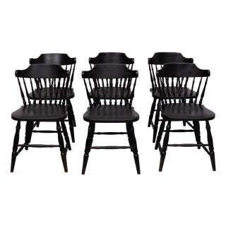 Vintage Windsor Style Spindle-Back Dining Chairs in Black Oak, 1960, Set of 6 For Sale