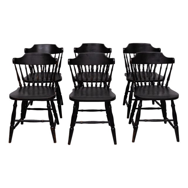 Vintage Windsor Style Spindle-Back Dining Chairs in Black Oak, 1960, Set of 6 For Sale