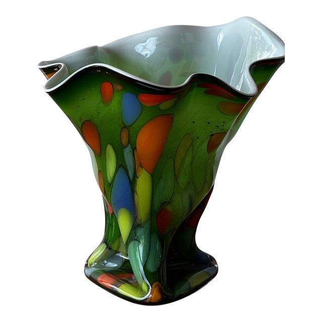 Large 12” Mid-Century Murano Style Splatter Glass Fazzoletto Handkerchief Vase For Sale