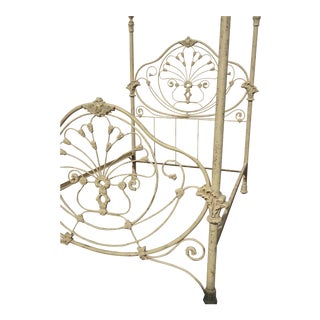 Antique French Country Off White Gold Gilt Iron Poster Bed Frame Queen Headboard For Sale