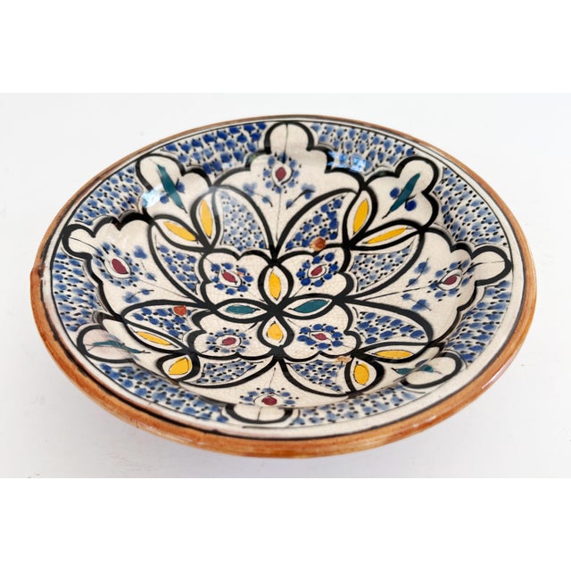 Antique 20th Century Hand Crafted Moroccan Bowl with Colorful Arabesque Design 7 3/4" Diameter X 2 1/4" T Measures 7 3/4"...