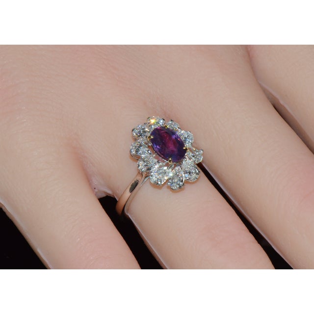 Magenta Gia Certified 3.15ct No-Heat Purple Pink Sapphire & Diamond 18k Gold Halo Ring, Size 6.5 For Sale - Image 8 of 18