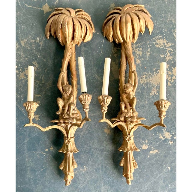 These whimsical vintage Hollywood Regency wall sconces are a masterful blend of tropical flair and classical...