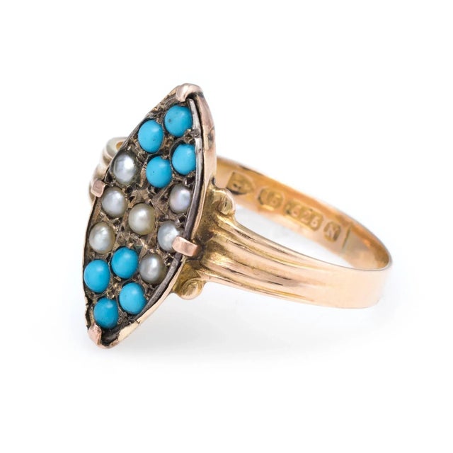 Victorian Victorian circa 1896 Seed Pearl Turquoise Ring Vintage 15 Karat Yellow Gold size 9 For Sale - Image 3 of 6