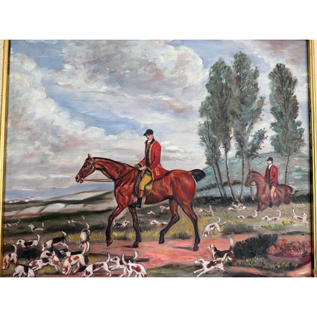 Brown Fox Hunt Oil Painting Equestrian Scene With Horses and Hounds, Landscape For Sale - Image 8 of 11