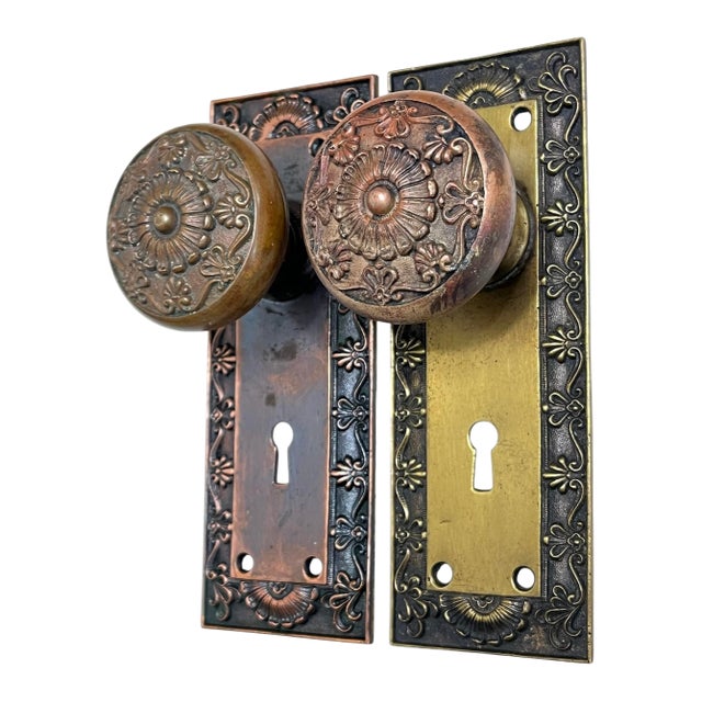 Antique American Bronze Door Knobs With Door Plates - 5 Pieces For Sale