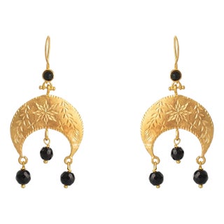Mystic Moon Onyx Dangle Gold Earrings, A Pair For Sale