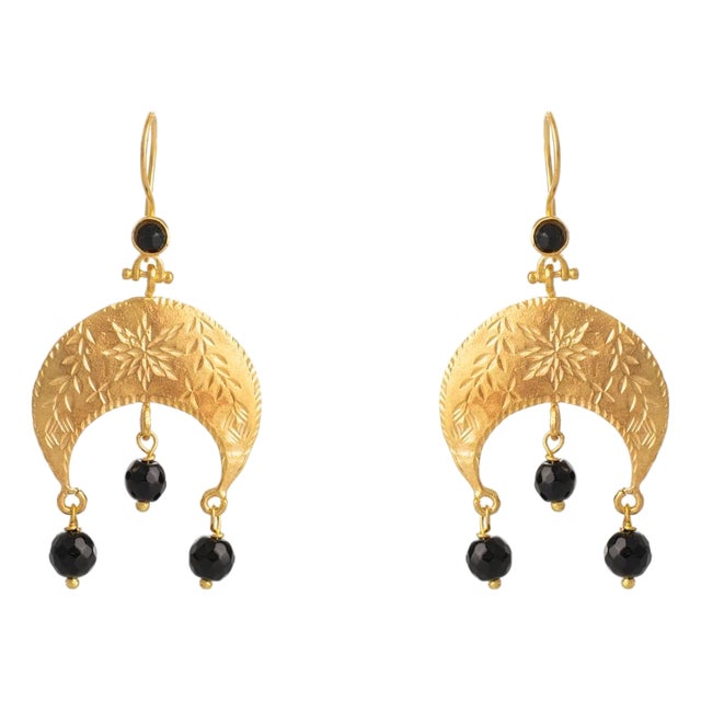 Mystic Moon Onyx Dangle Gold Earrings, A Pair For Sale