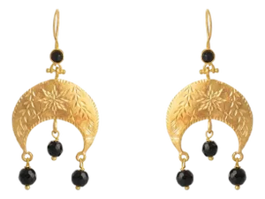 Mystic Moon Onyx Dangle Gold Earrings, A Pair