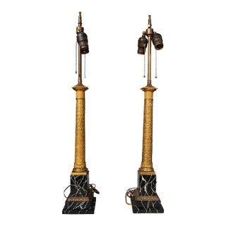 Pair of French Empire Bronze and Faux Marble Table Lamps For Sale