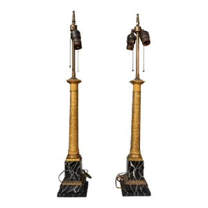 Pair of French Empire Bronze and Faux Marble Table Lamps