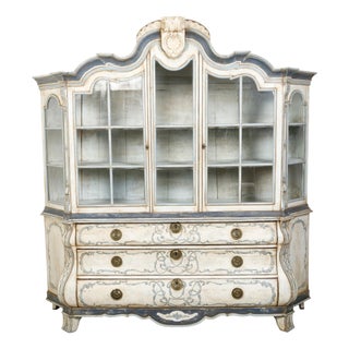 19th Century Large Rococo Style Painted Wood Dutch Cabinet with Glass Doors and Bombé Chest For Sale