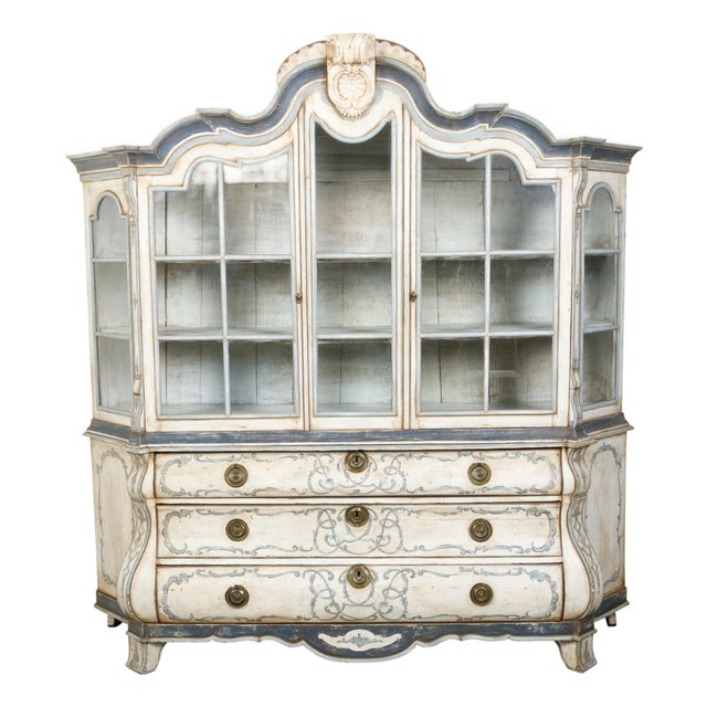 19th Century Large Rococo Style Painted Wood Dutch Cabinet with Glass Doors and Bombé Chest For Sale