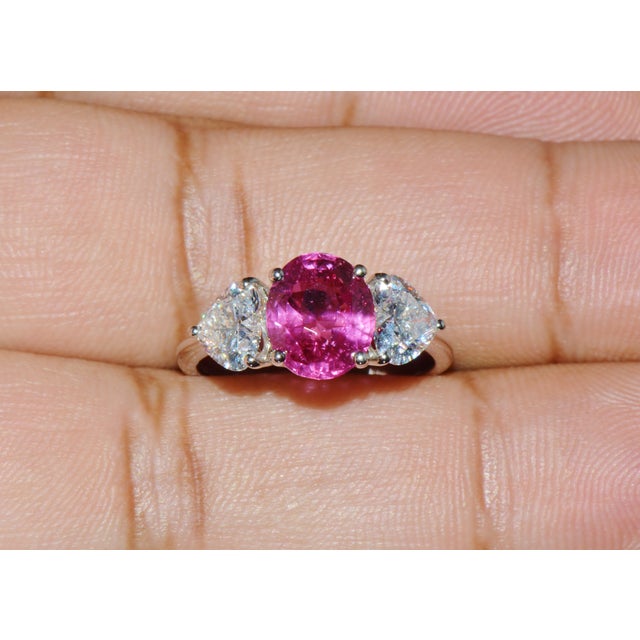 Red Late 20th Century Gia 4.47Cts No-Heat Mozambique Ruby & D Vvs2 Heart Diamond Platinum Three Stone Ring, Size 6 For Sale - Image 8 of 18
