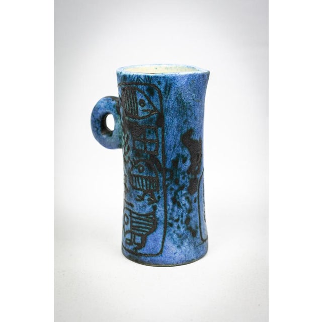 Blue Small Mid-Century French Blue Ceramic Ewer with Engraved Decoration of Stylized Owls and Fish by Jacques Blin, 1950s For Sale - Image 8 of 15