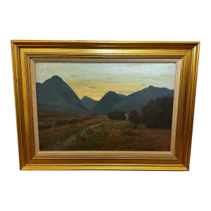 Scottish Mountain Oil Landscape at Dusk Signed by George Houston, c.1900–1920