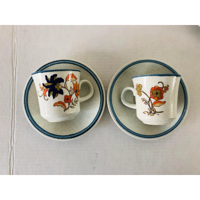Vintage 70’s Mikasa Blue orange colors stoneware with floral design set of 6 tea or coffee cups (mugs) and saucers, Cordon...