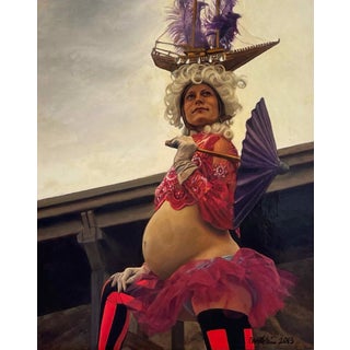 The Mooring of Scarlet by Pamela Wilson | Oil on canvas Portrait of a woman in costume with a ship hat. For Sale