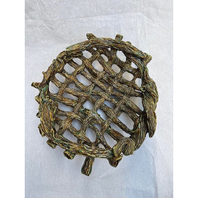 1990s Palissy Style Pottery Woven Basket For Sale - Image 5 of 10