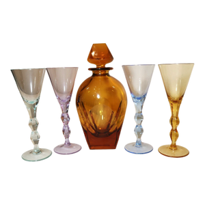 Vintage Cut Crystal Signed Moser Czechoslovakian 5 Pc Colored Glass Decanter Set