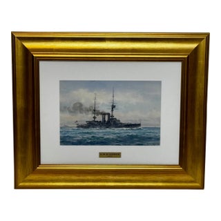 Seascape Painting Battleship HMS London 1914 Guardian of the British Expeditionary Force Wwi by Frank Watson Wood For Sale